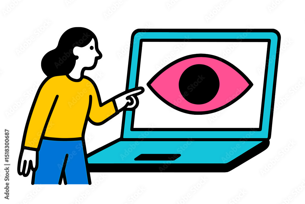 Poster person pointing at large eye graphic on laptop screen during digital art session in a creative works