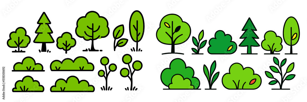 Poster Various types of green trees and bushes displayed in a simple vector art design