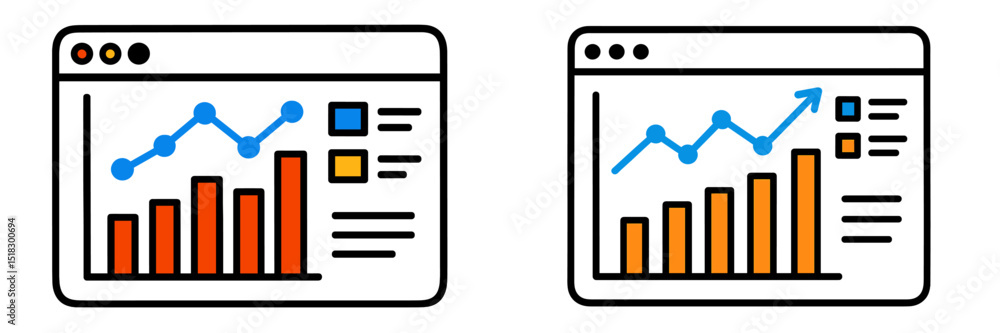 Poster graphs showing data trends over time in a business analysis context with colorful visual elements