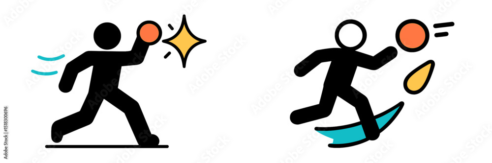 Poster dynamic action figures performing a ball throwing activity in a creative style illustrating motion a