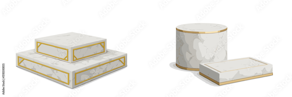 Poster Elegant marble display stands with golden accents in a minimalist setting for showcasing products