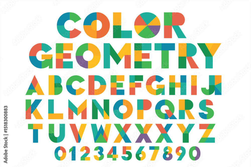 Poster Bright and colorful geometric shapes form letters and numbers in a playful display for educational purposes