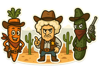 Wild west cartoon characters featuring a sheriff, a carrot, and a pickle in a desert setting with cacti