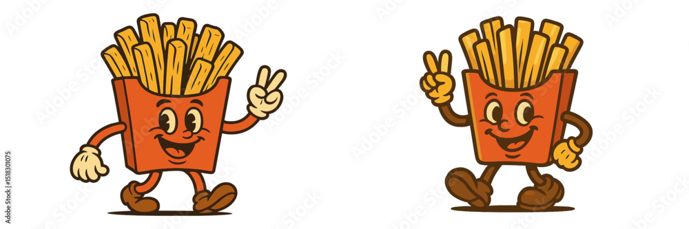 Poster fun cartoon characters of french fries dancing joyfully with cheerful expressions in a vibrant and p