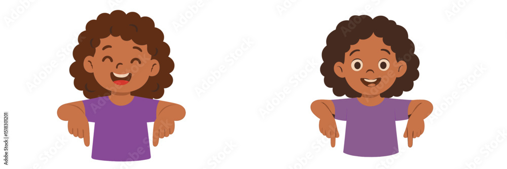 Aufkleber cheerful child with curly hair expresses emotions and gestures playfully in simple animated style