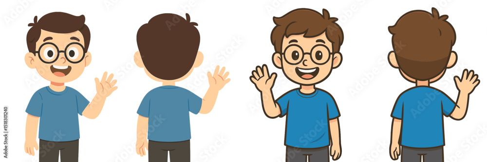 Poster boy in blue shirt waving hello happily from different angles with a cheerful expression