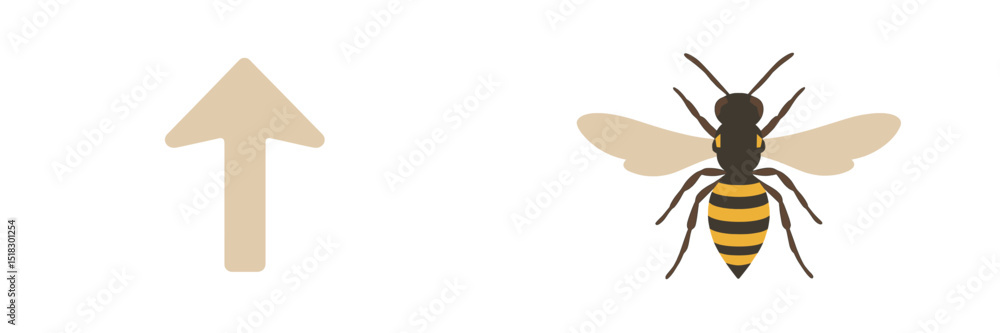 Poster illustration of a bee and an upward arrow depicting movement and nature in a simple design