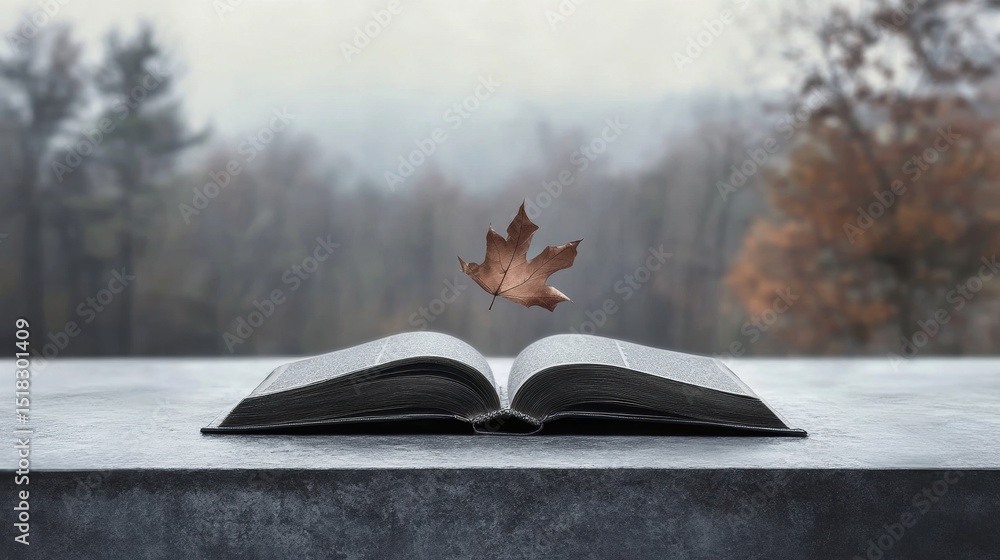 Poster open book with a falling leaf in an autumn forest setting