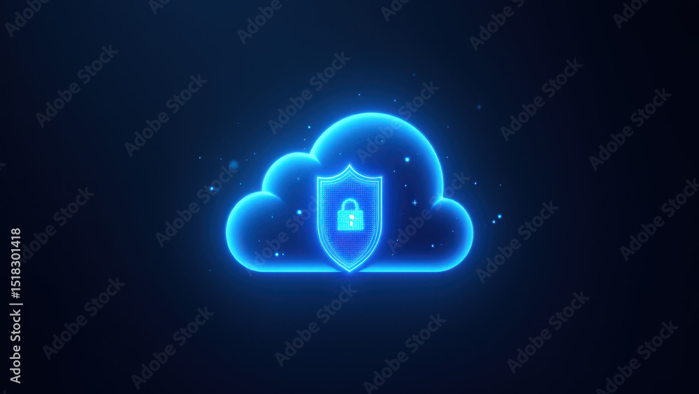 Poster cloud-based cybersecurity logo with a shield icon.