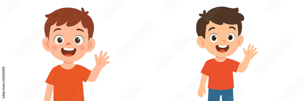 Poster two cheerful boys waving and smiling in bright orange t-shirts in a friendly setting