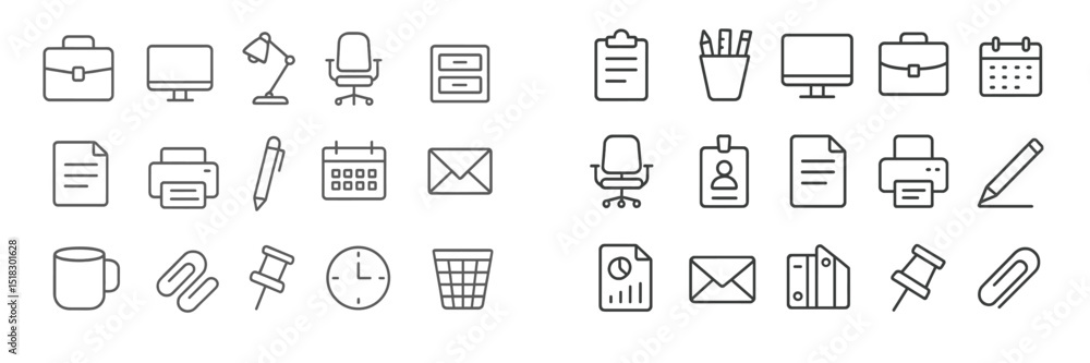 Poster collection of simple line icons representing office supplies and stationery for workspace organizati