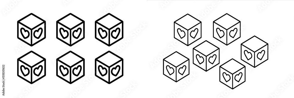 Aufkleber Outline of heart-themed cubes arranged in two separate groups on a white background
