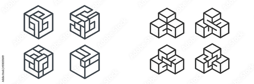 Poster Intricate geometric designs showcasing three-dimensional shapes and puzzles crafted in clean lines and minimalist style