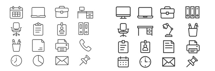 Collection of office icons representing various items and activities relevant for workplace organization and productivity