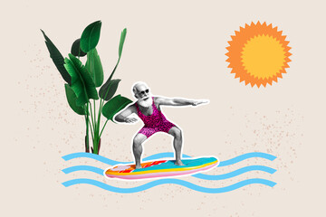 Image 3d zine full collage of happy old man ride surfboard sea waves doodle sunny weather chill...