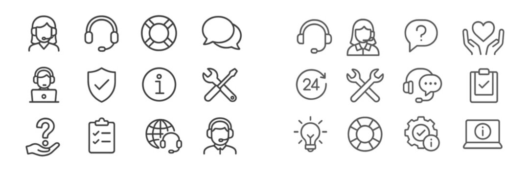 Support icons representing customer service and assistance in various communication methods and tools in a minimalist style