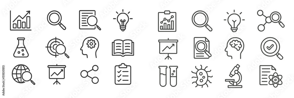 Aufkleber Icons representing data analysis, research, science, and innovation in various fields and contexts in a modern style