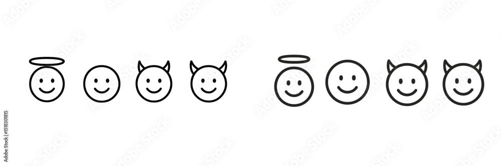 Poster smiley faces expressing contrasting emotions in a simple design featuring angels and devils