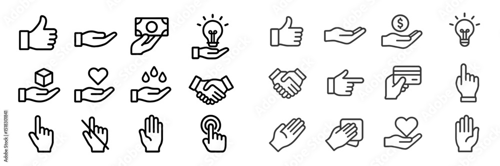 Poster collection of hand icons representing various actions and concepts including love, money, and teamwo