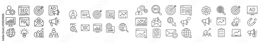 Poster Marketing and advertising symbols representing strategies and analytics for digital campaigns in a business setting