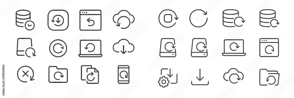Leinwandbilder Collection of simple line icons representing various data backup and synchronization activities across devices and platforms
