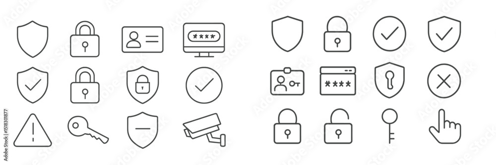 Aufkleber icons representing cybersecurity concepts including shields, locks, and keys seen in a clean, minima