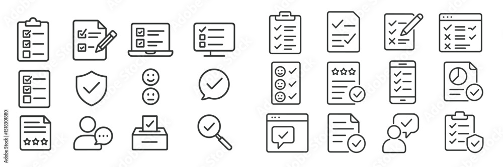 Poster Collection of various checklist and form icons suitable for tasks and evaluations organized in a grid layout