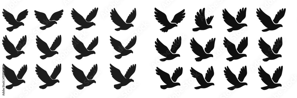 Poster black silhouettes of flying birds arranged in a structured pattern with various wing positions durin