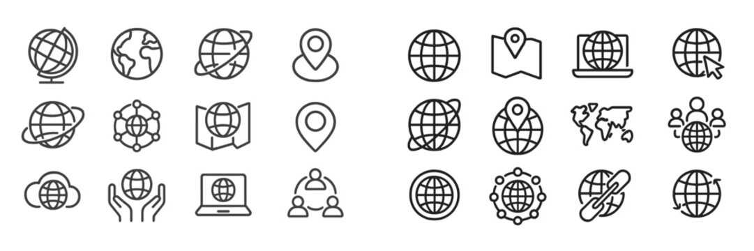 Collection of globe icons depicting various aspects of global communication and navigation in a modern design