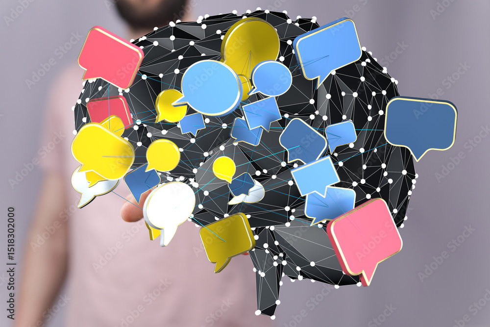 Poster abstract image of a brain with interconnected speech bubbles, representing communication and ideas.