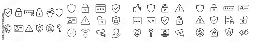Fototapete Collection of security and privacy icons depicting various protection symbols and technology elements in a digital format