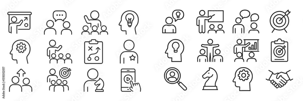 Poster diverse collection of line icons illustrating teamwork, strategy, leadership, and decision-making co