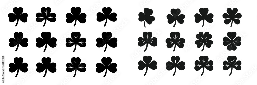 Poster black silhouettes of clover leaves arranged in a grid pattern on a white background for design purpo