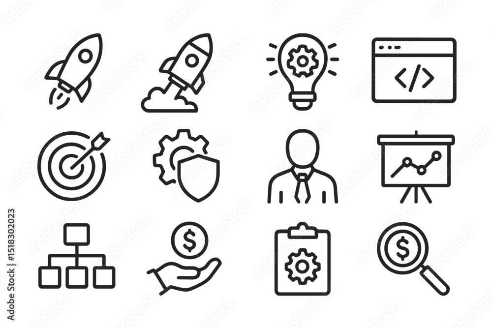 Poster design elements representing innovation, business strategy, and technology in a minimalistic style o