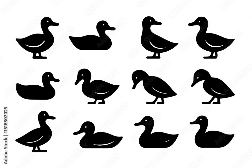 Poster Diverse collection of stylized ducks in various poses and orientations displayed on a white background