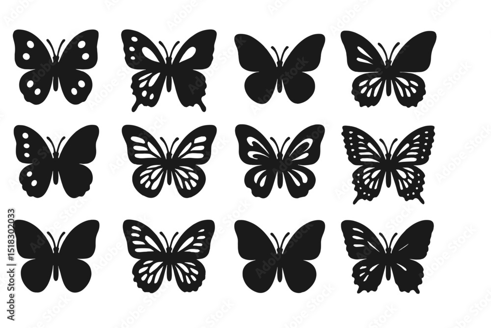 Poster collection of black butterfly silhouettes arranged in a grid pattern for design purposes