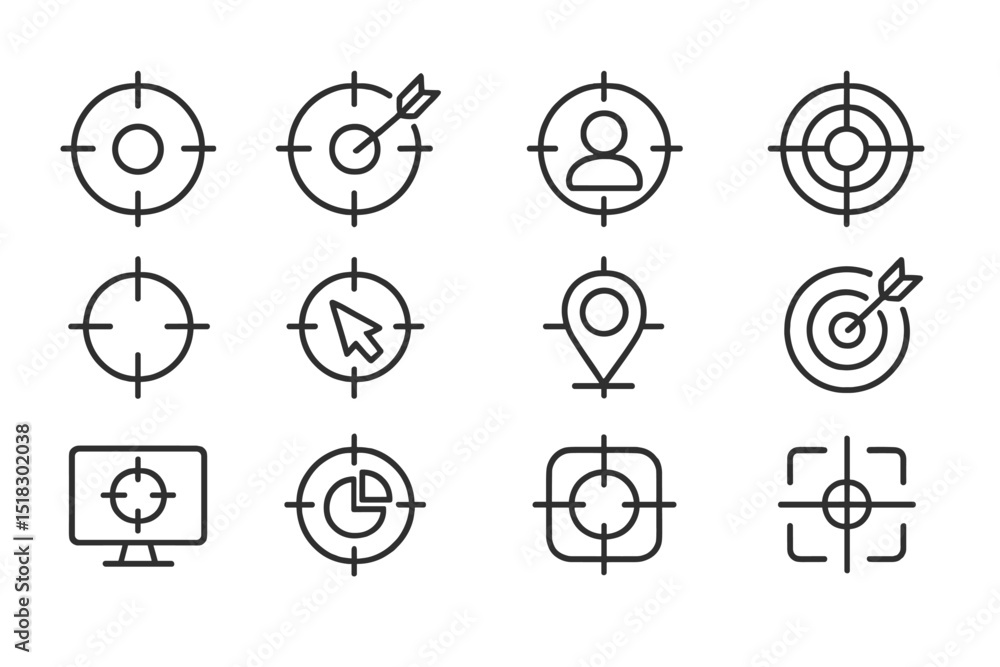 Poster Target symbols illustrating various concepts related to focus, precision, and data analysis in a minimalist design
