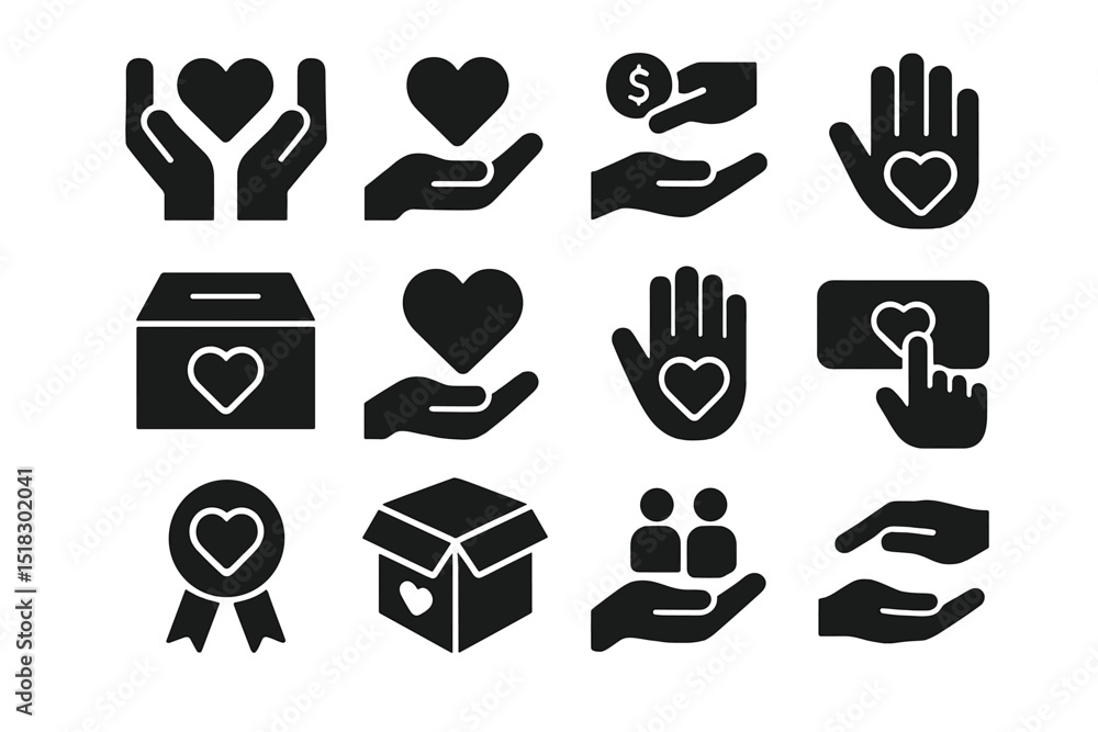 Poster symbols of giving and compassion displayed through hands holding hearts and donations in a simple gr