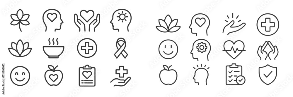 Poster collection of health and wellness icons representing various aspects of mental and physical well-bei