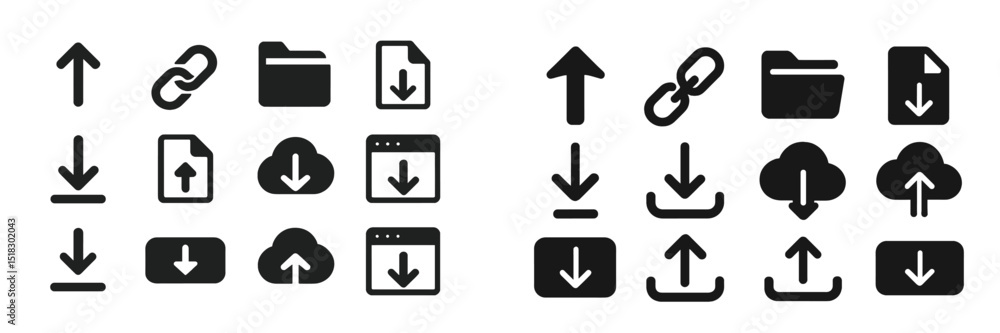 Poster various icons representing download and upload actions for digital files and cloud storage solutions