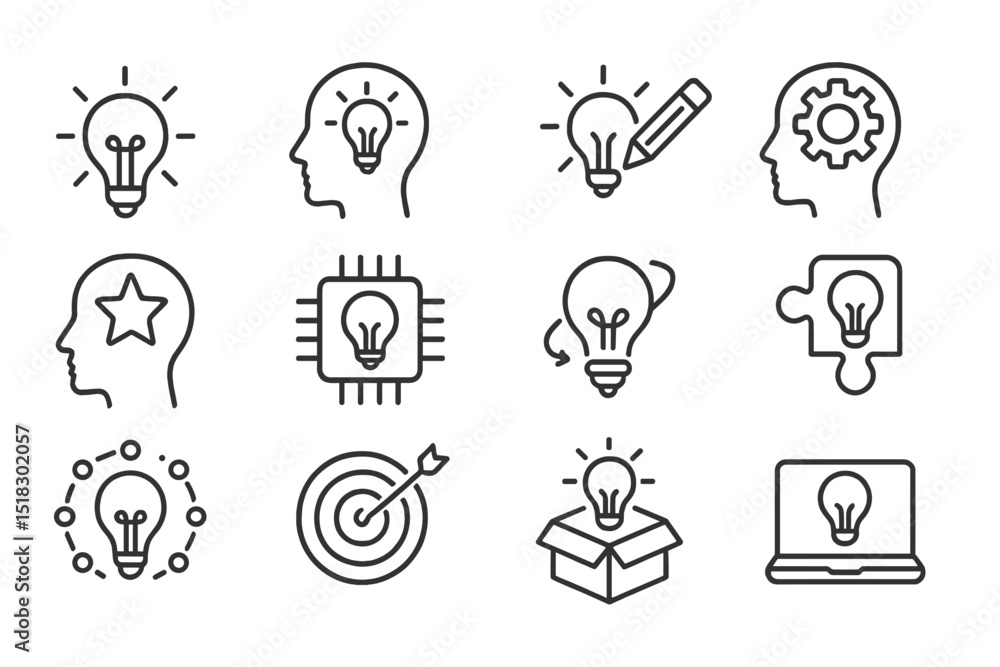 Poster collection of light bulb icons representing ideas, creativity, and problem-solving in a modern desig