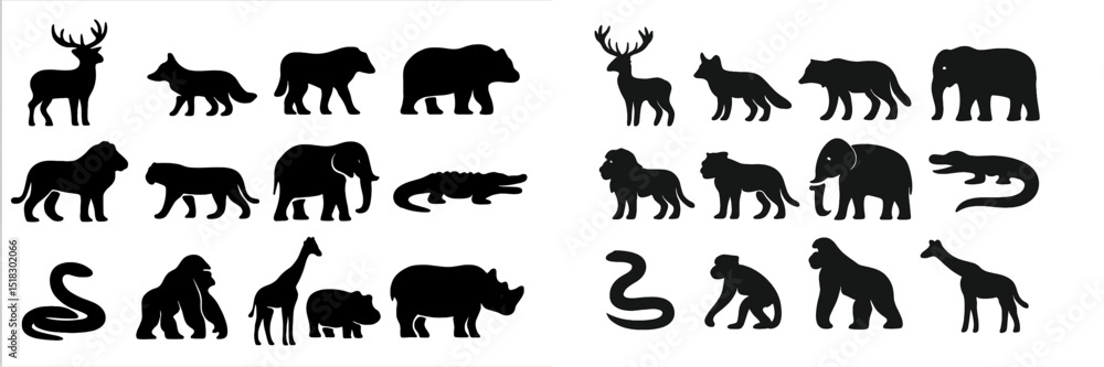 Poster silhouettes of various animals in black showcasing shapes and forms against a white background