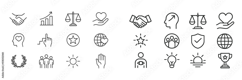 Poster Business and social icons representing teamwork, achievement, and values in a minimalist design suitable for various digital applications