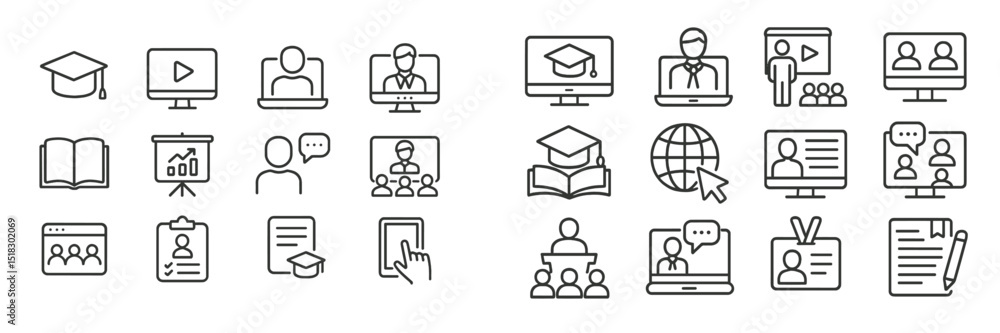 Poster online education resources showcase various learning elements and activities for virtual classrooms 