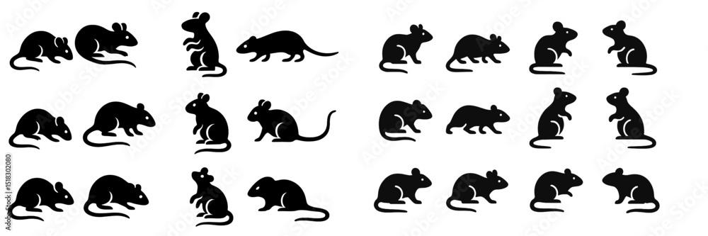 Poster collection of various black mouse silhouettes arranged in distinct poses and positions depicting the