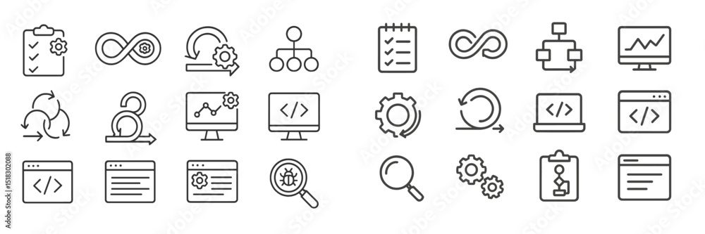 Aufkleber Collection of simple line icons illustrating software development, project management, and data analysis concepts