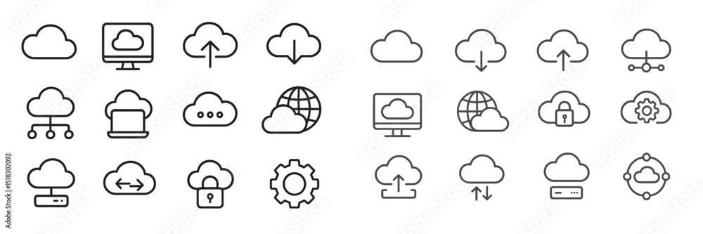 Poster cloud computing icons showcasing various cloud services, technology symbols, and data transfer conce
