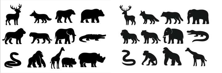 Obraz premium Silhouettes of various animals in black showcasing shapes and forms against a white background