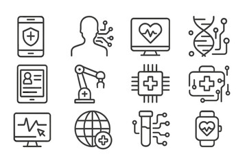 Various health technology icons depicting digital healthcare elements and innovations for modern health management