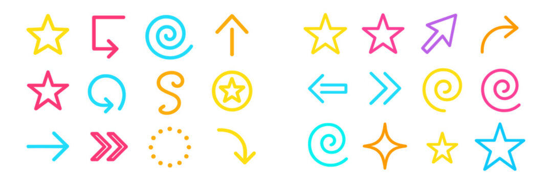 Colorful abstract icons with arrows and shapes on a white background, ideal for design and creative projects